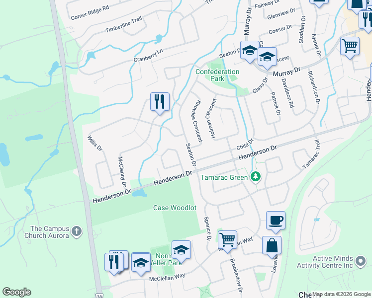 map of restaurants, bars, coffee shops, grocery stores, and more near 16 Seaton Drive in Aurora