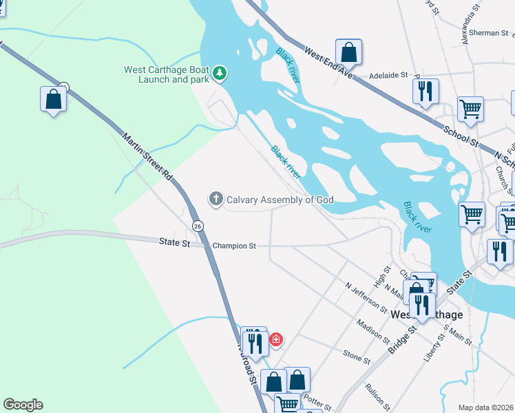 map of restaurants, bars, coffee shops, grocery stores, and more near 4 Harper Terrace in Carthage