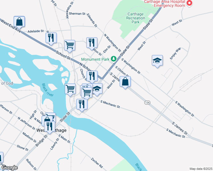 map of restaurants, bars, coffee shops, grocery stores, and more near 409 West Street in Carthage