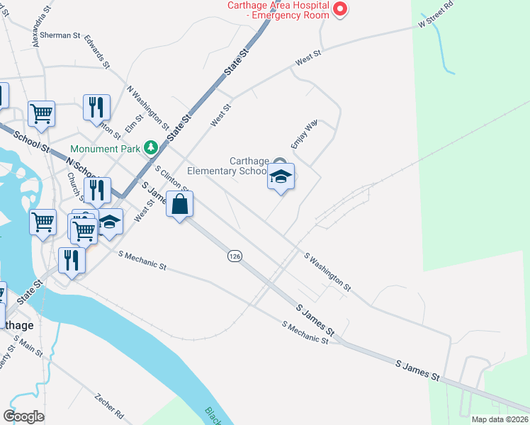 map of restaurants, bars, coffee shops, grocery stores, and more near 339 South Washington Street in Carthage