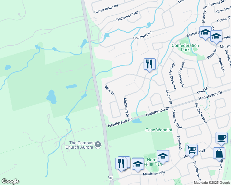map of restaurants, bars, coffee shops, grocery stores, and more near 149 Willis Drive in Aurora