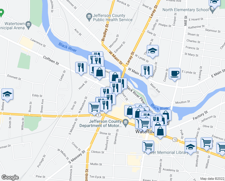 map of restaurants, bars, coffee shops, grocery stores, and more near 341 Coffeen Street in Watertown
