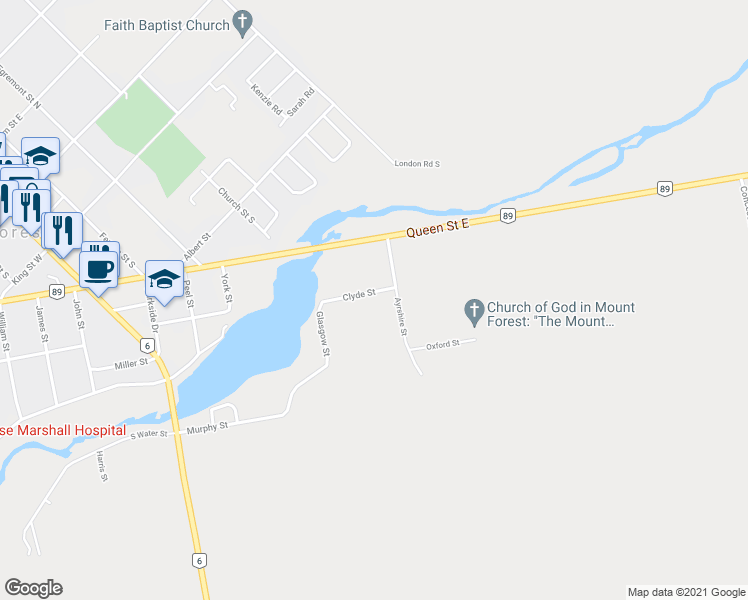 map of restaurants, bars, coffee shops, grocery stores, and more near 420 Clyde Street in Mount Forest