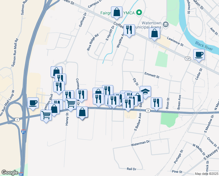 map of restaurants, bars, coffee shops, grocery stores, and more near 1030 Arsenal Street in Watertown