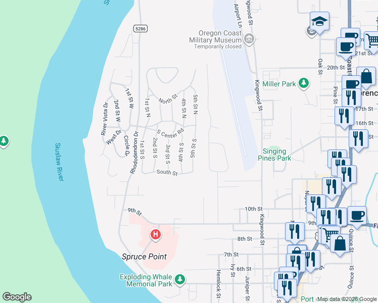 map of restaurants, bars, coffee shops, grocery stores, and more near 1600 Rhododendron Drive in Florence