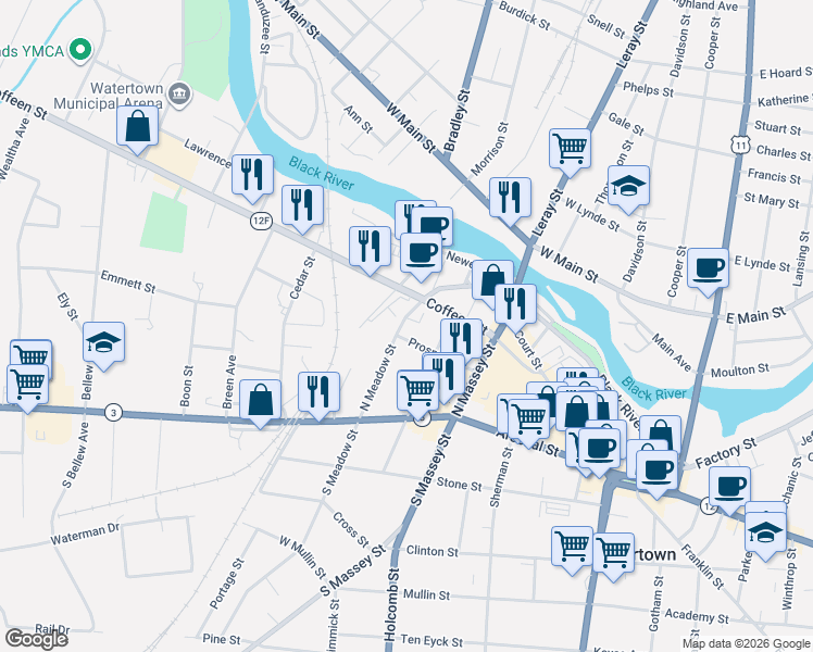 map of restaurants, bars, coffee shops, grocery stores, and more near 157 North Meadow Street in Watertown