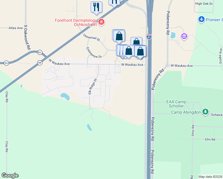 map of restaurants, bars, coffee shops, grocery stores, and more near 3190 White Tail Lane in Oshkosh