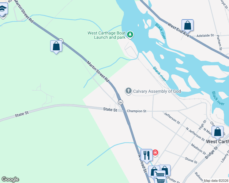 map of restaurants, bars, coffee shops, grocery stores, and more near Martin Street Rd in Carthage