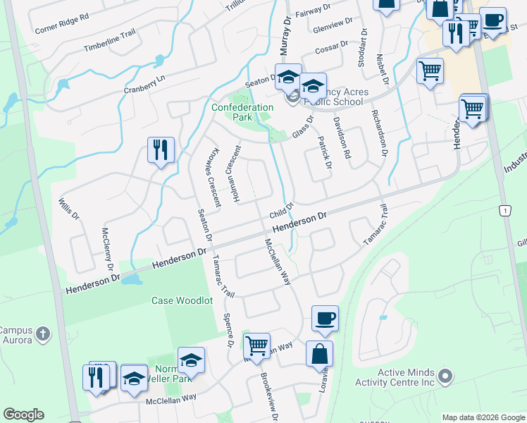 map of restaurants, bars, coffee shops, grocery stores, and more near 4 Baldwin Road in Aurora