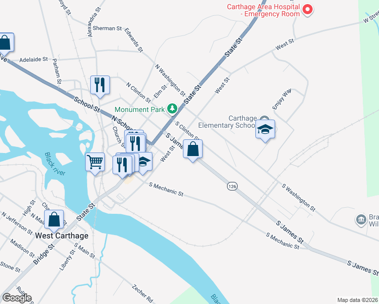 map of restaurants, bars, coffee shops, grocery stores, and more near 225 South James Street in Carthage