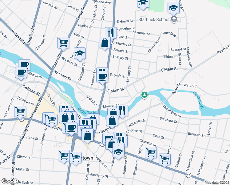map of restaurants, bars, coffee shops, grocery stores, and more near 93 Maywood Terrace in Watertown