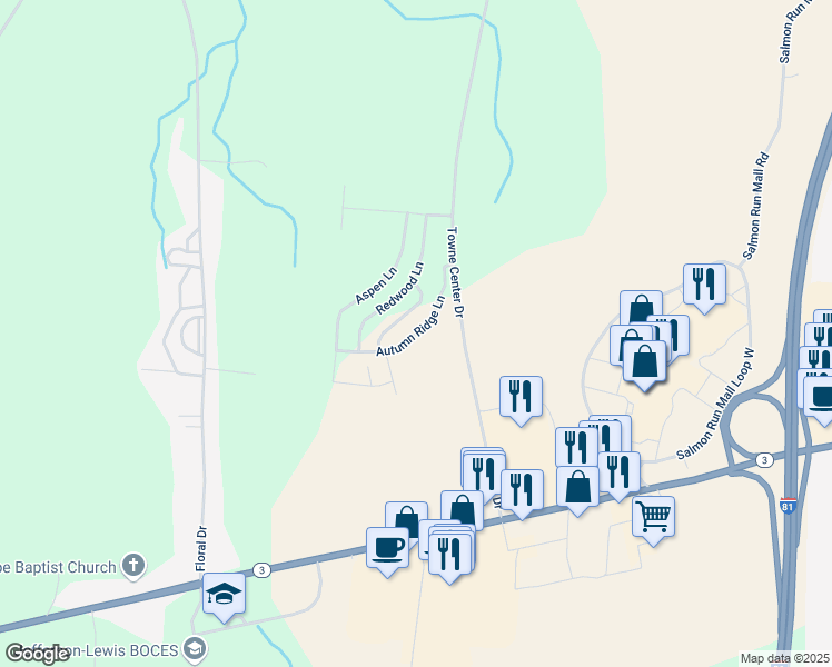 map of restaurants, bars, coffee shops, grocery stores, and more near Autumn Ridge Lane in Watertown