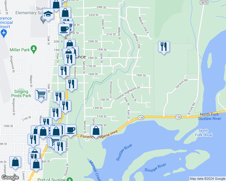 map of restaurants, bars, coffee shops, grocery stores, and more near 2216 Primrose Lane in Florence