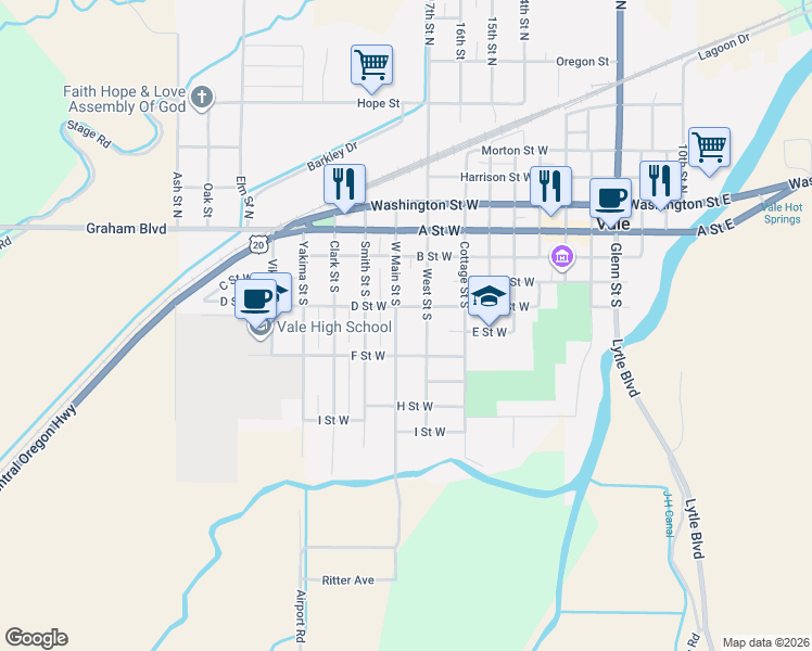 map of restaurants, bars, coffee shops, grocery stores, and more near 583 West Saint South in Vale