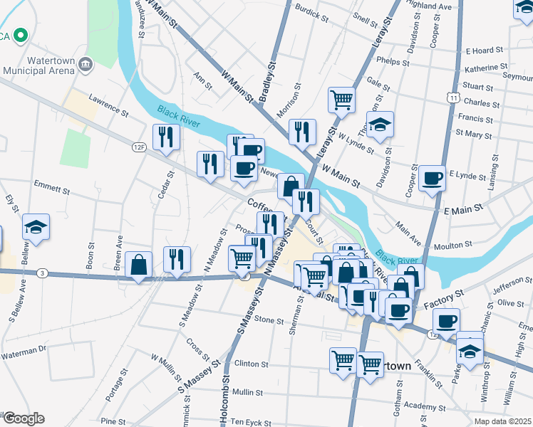 map of restaurants, bars, coffee shops, grocery stores, and more near 203 North Massey Street in Watertown