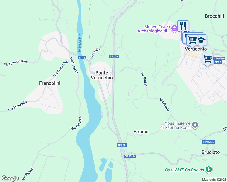map of restaurants, bars, coffee shops, grocery stores, and more near 54 Via Marecchiese in Ponte Verucchio