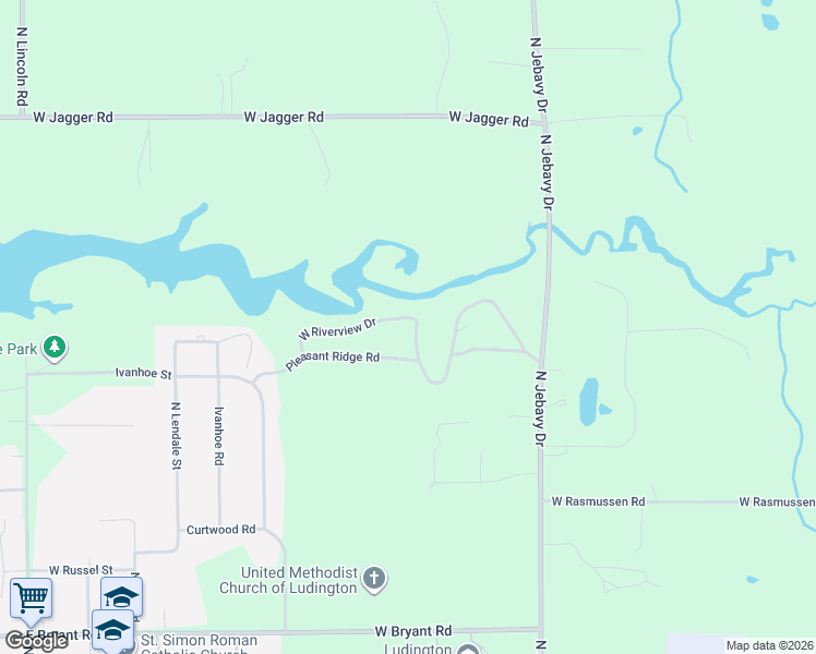 map of restaurants, bars, coffee shops, grocery stores, and more near 5768 West Riverview Drive in Ludington