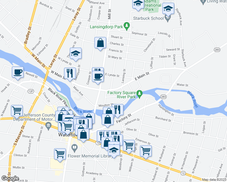 map of restaurants, bars, coffee shops, grocery stores, and more near 156 East Main Street in Watertown
