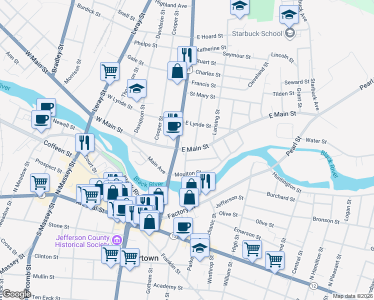 map of restaurants, bars, coffee shops, grocery stores, and more near 126 East Main Street in Watertown