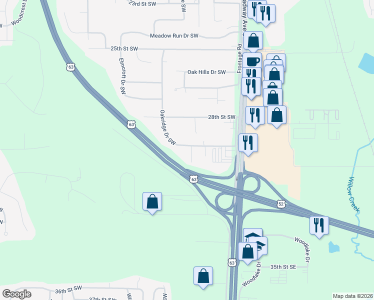 map of restaurants, bars, coffee shops, grocery stores, and more near 410 28th Street Southwest in Rochester