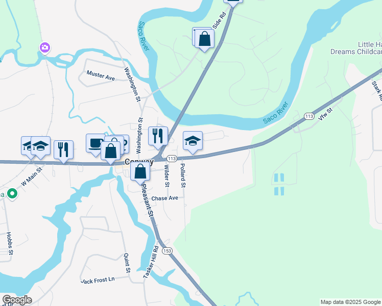 map of restaurants, bars, coffee shops, grocery stores, and more near 27 River Street in Conway