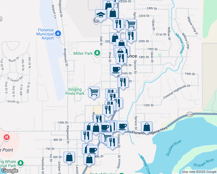 map of restaurants, bars, coffee shops, grocery stores, and more near 1425 Pine Street in Florence
