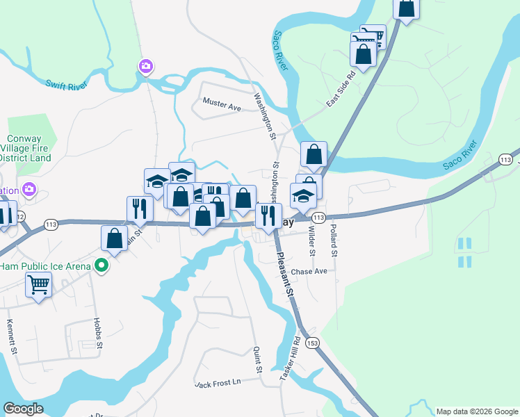 map of restaurants, bars, coffee shops, grocery stores, and more near 36 Washington Street in Conway