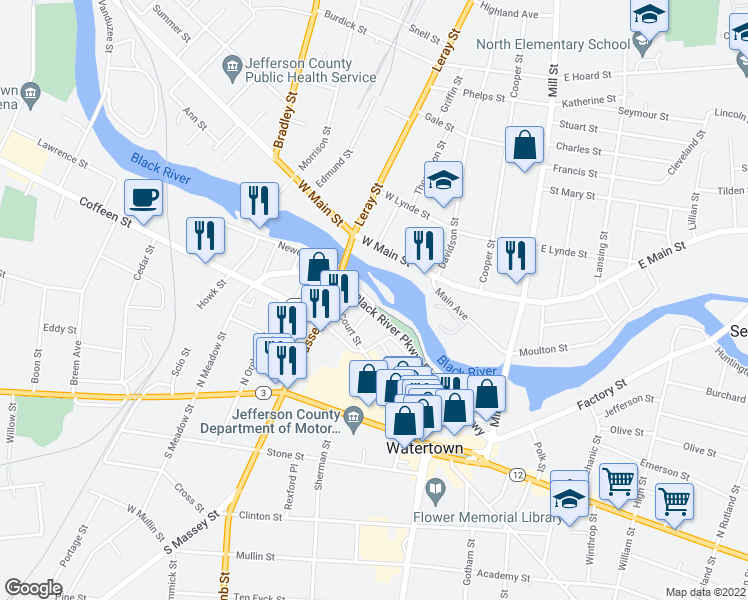 map of restaurants, bars, coffee shops, grocery stores, and more near 402 Newell Street in Watertown