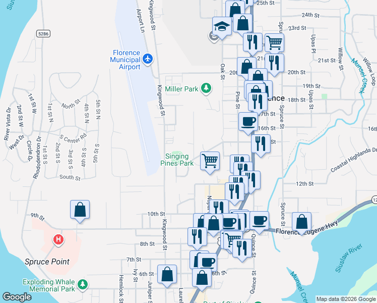 map of restaurants, bars, coffee shops, grocery stores, and more near 1509 Maple Street in Florence