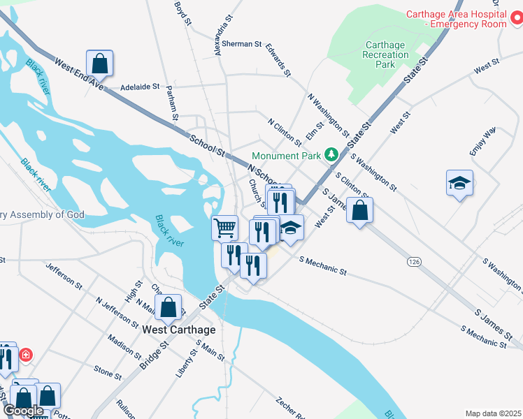 map of restaurants, bars, coffee shops, grocery stores, and more near 135 Church Street in Carthage