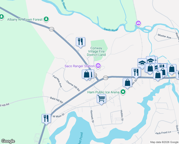 map of restaurants, bars, coffee shops, grocery stores, and more near 65 Kancamagus Highway in Conway