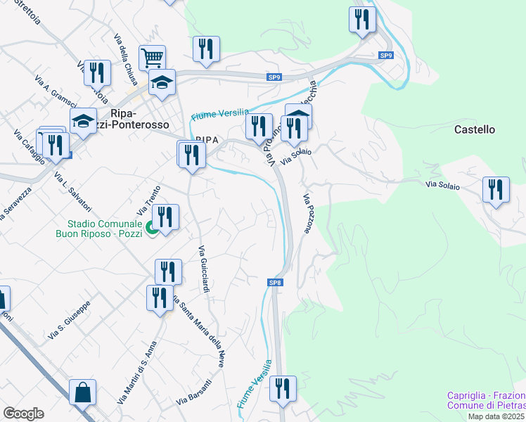 map of restaurants, bars, coffee shops, grocery stores, and more near 599 Via Serra in Provincia di Lucca