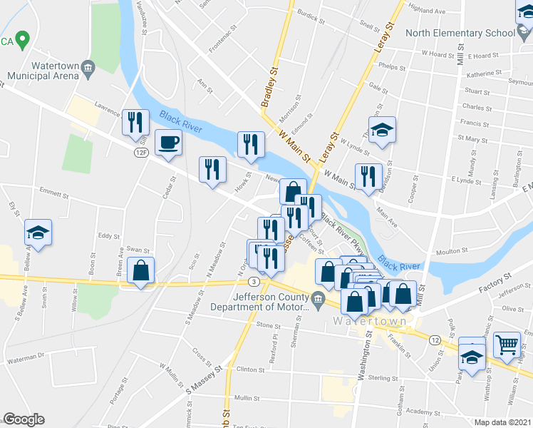 map of restaurants, bars, coffee shops, grocery stores, and more near Coffeen Street & Orchard Street North in Watertown