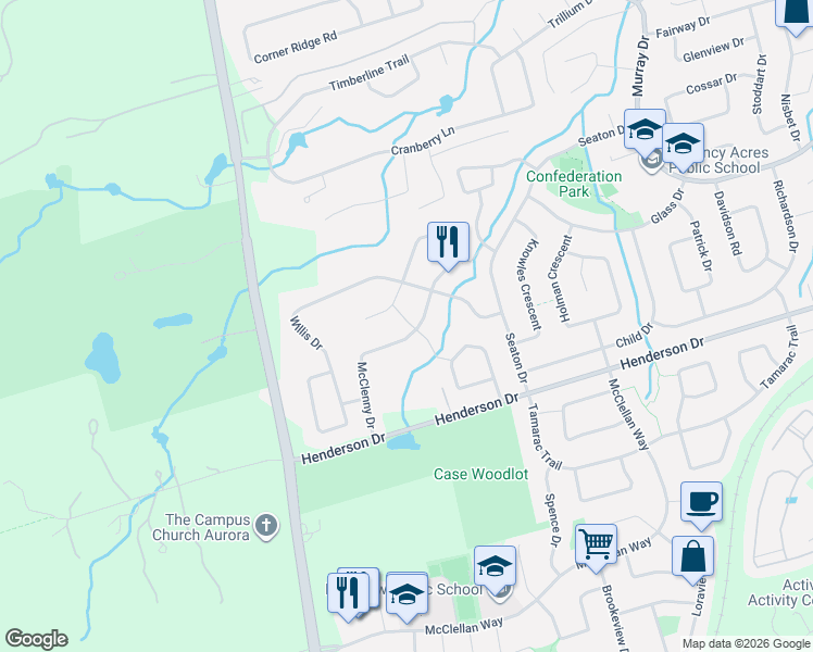 map of restaurants, bars, coffee shops, grocery stores, and more near 53 McClenny Drive in Aurora