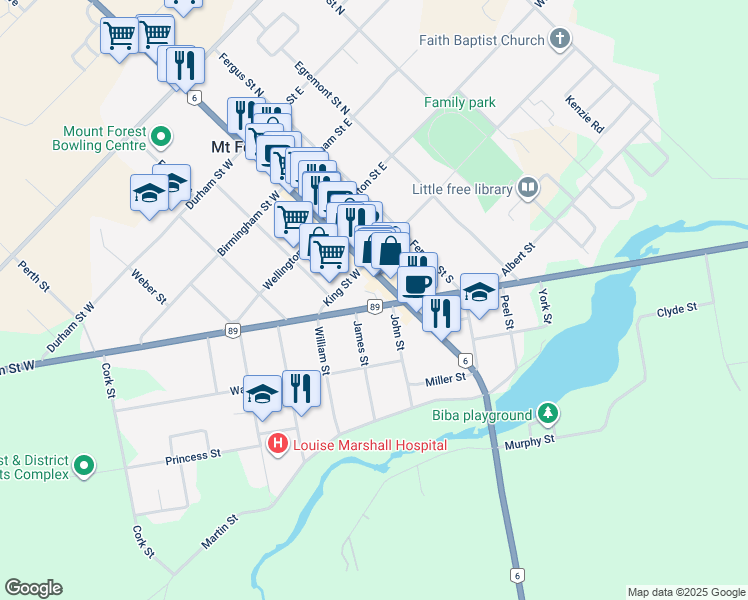 map of restaurants, bars, coffee shops, grocery stores, and more near 121 Queen Street West in Mount Forest
