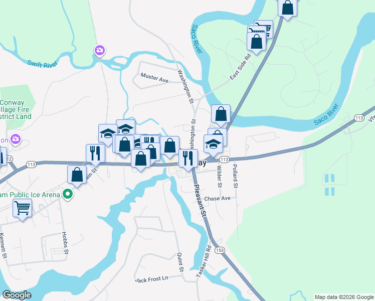 map of restaurants, bars, coffee shops, grocery stores, and more near 36 Washington Street in Conway