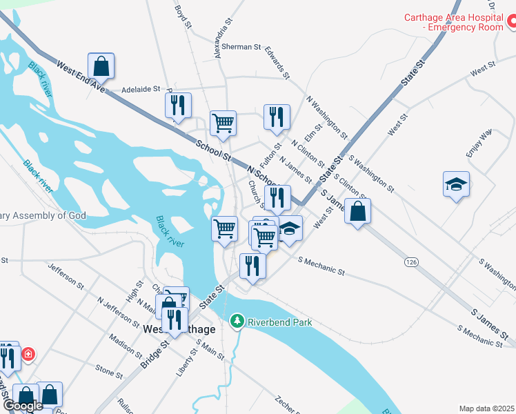 map of restaurants, bars, coffee shops, grocery stores, and more near 207 Church Street in Carthage