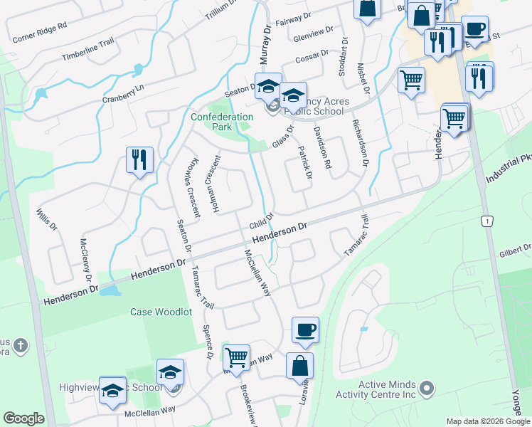 map of restaurants, bars, coffee shops, grocery stores, and more near 32 Child Drive in Aurora