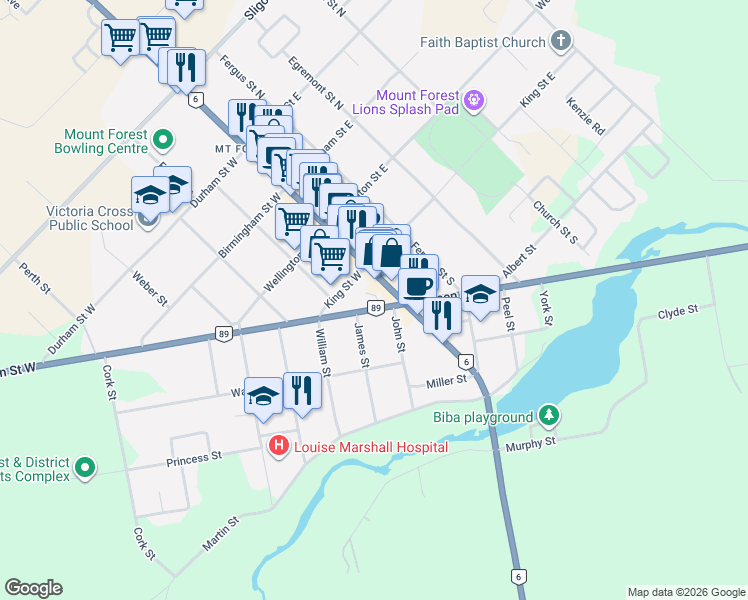 map of restaurants, bars, coffee shops, grocery stores, and more near 253 Ontario 6 in Mount Forest