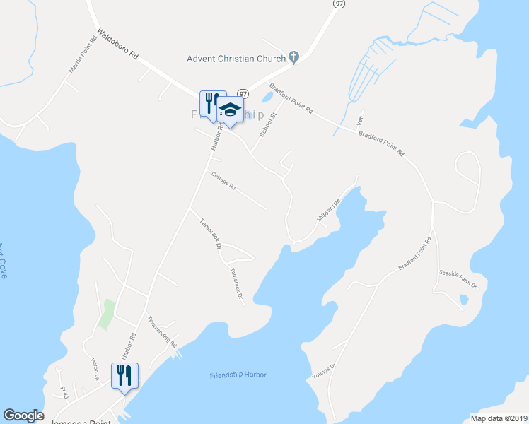 map of restaurants, bars, coffee shops, grocery stores, and more near 3 Cottage Drive in Friendship