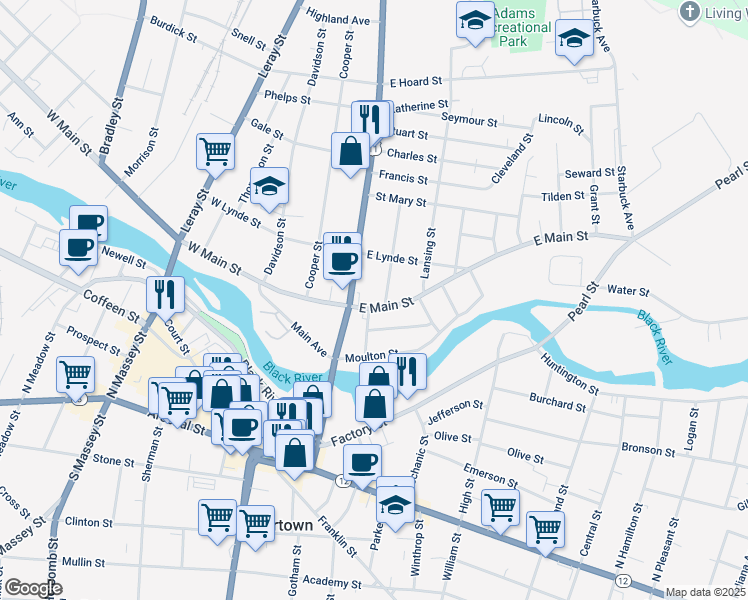 map of restaurants, bars, coffee shops, grocery stores, and more near 131 East Main Street in Watertown