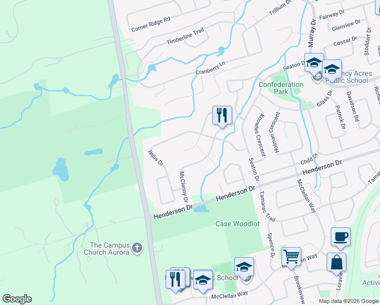 map of restaurants, bars, coffee shops, grocery stores, and more near 27 Gleave Court in Aurora