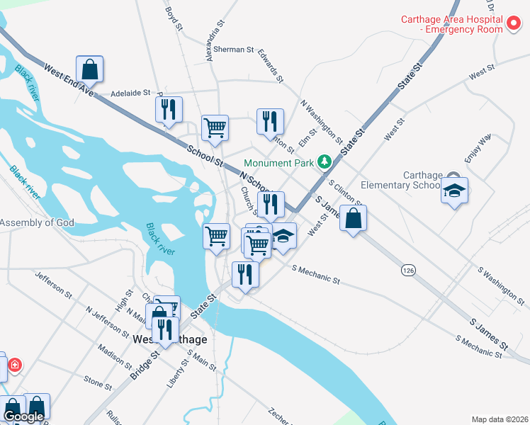 map of restaurants, bars, coffee shops, grocery stores, and more near 418 Budd Street in Carthage