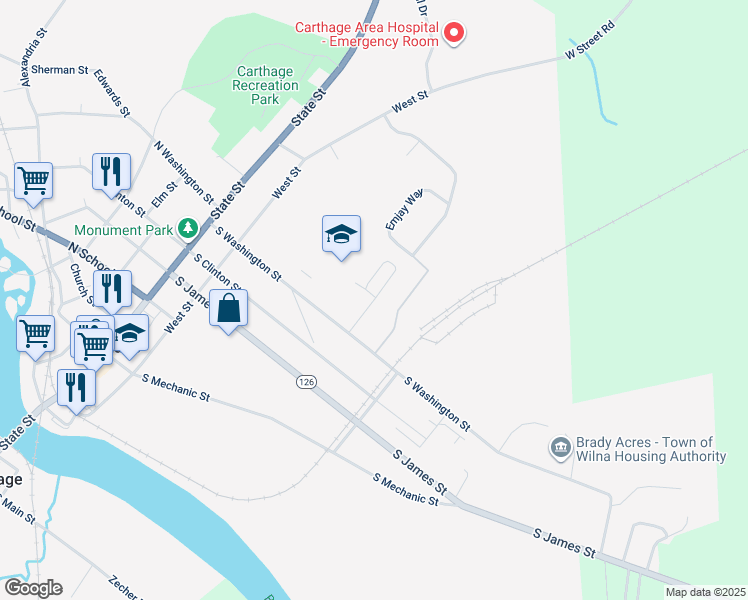 map of restaurants, bars, coffee shops, grocery stores, and more near 900 Beaver Lane in Carthage