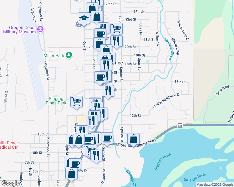 map of restaurants, bars, coffee shops, grocery stores, and more near 1451 Spruce Street in Florence