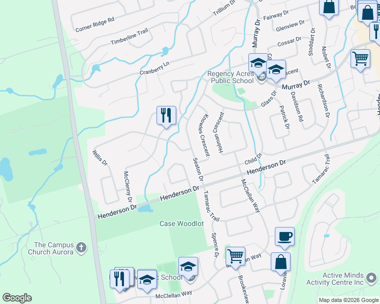 map of restaurants, bars, coffee shops, grocery stores, and more near 1 Willis Drive in Aurora