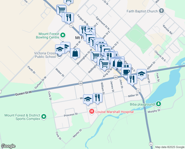 map of restaurants, bars, coffee shops, grocery stores, and more near 264 Wellington Street West in Mount Forest
