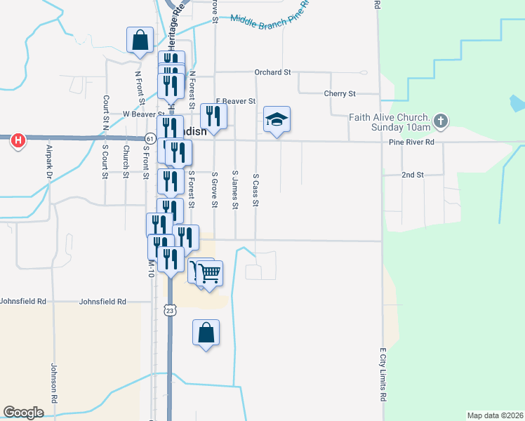 map of restaurants, bars, coffee shops, grocery stores, and more near 148 Almont St in Standish
