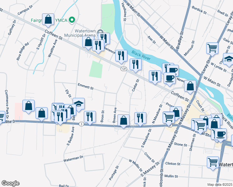 map of restaurants, bars, coffee shops, grocery stores, and more near 700 Emmett Street in Watertown