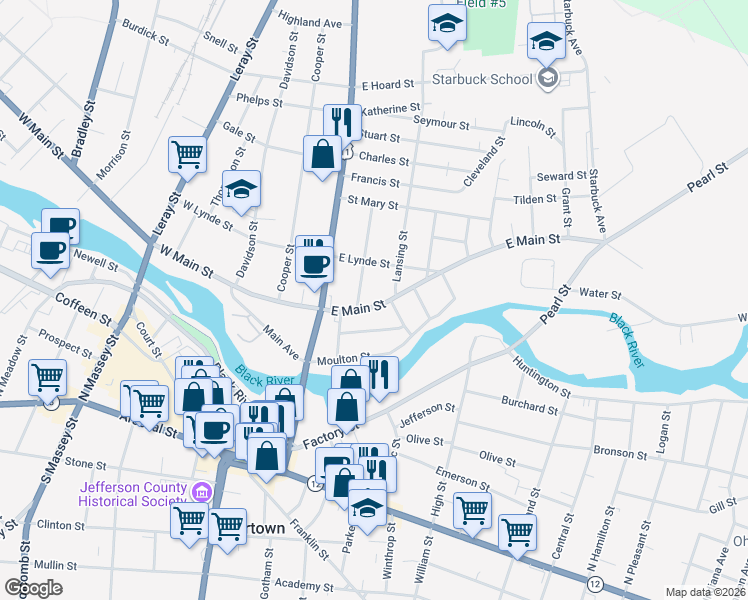 map of restaurants, bars, coffee shops, grocery stores, and more near 516 Mundy Street in Watertown